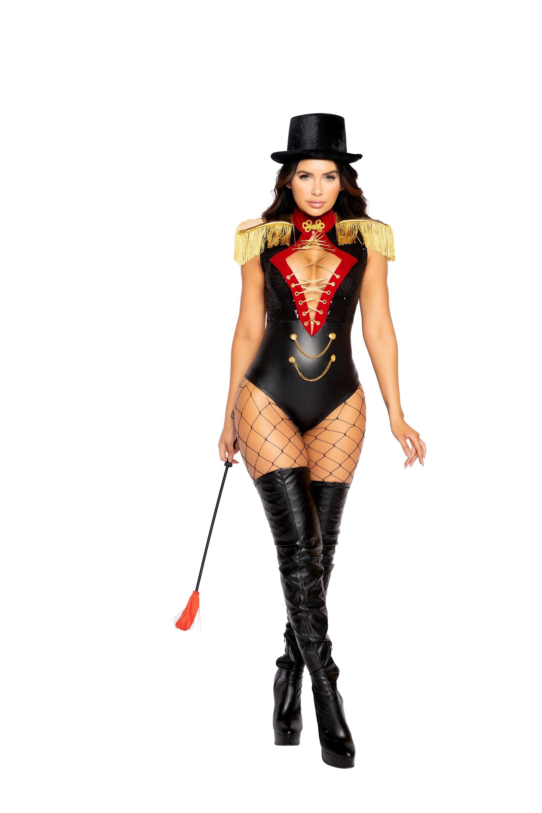 Women's ringmaster costume, lace-up bodysuit and top hat, view 6